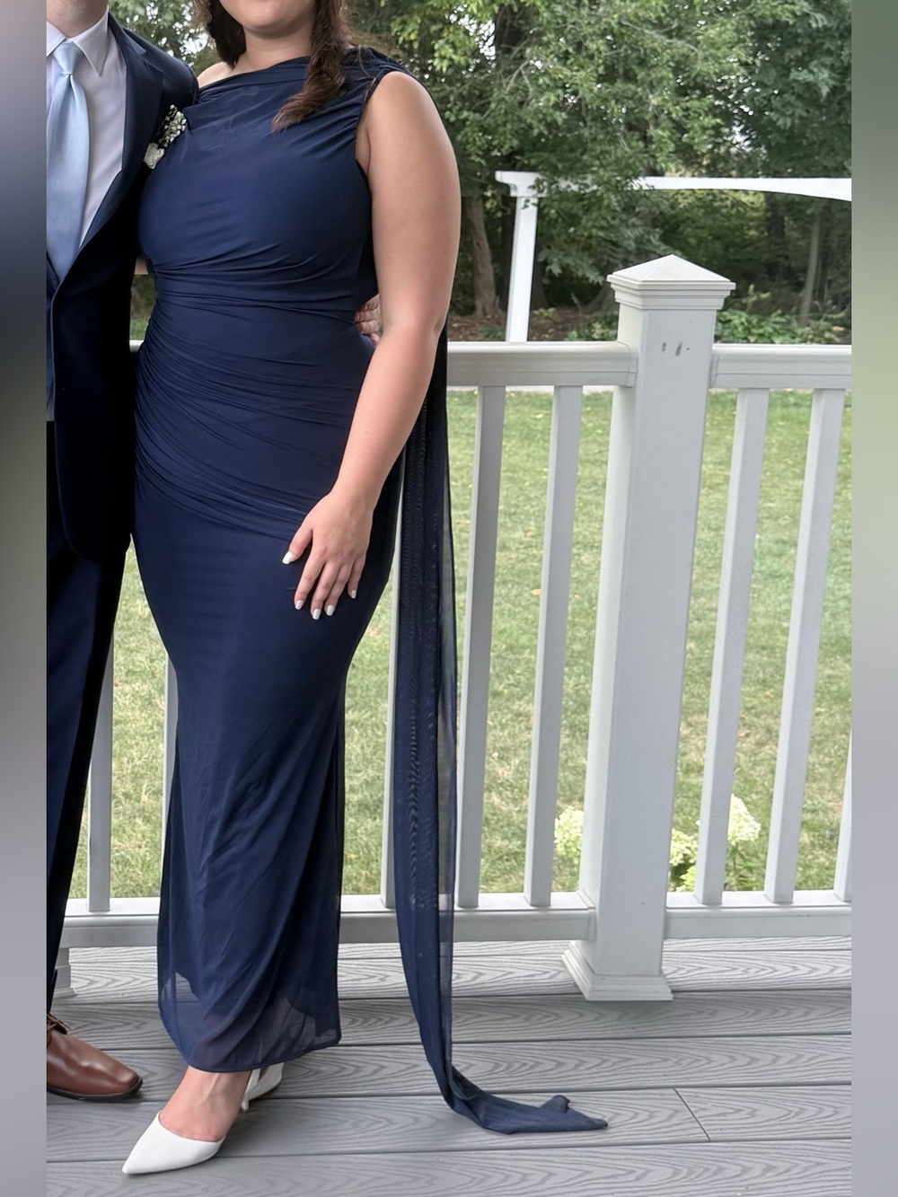 Navy Blue One-Shoulder Ruched Evening Gown